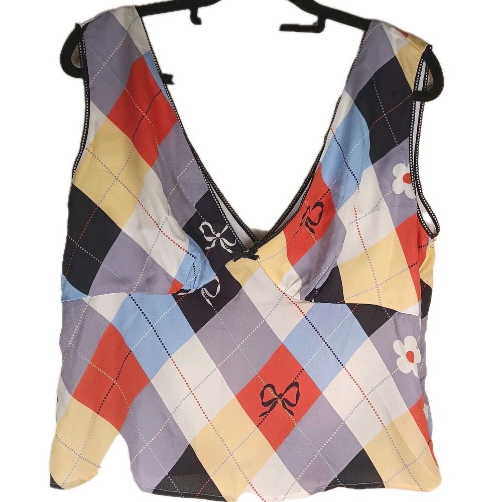 Lisa Says Gah! COLORFUL Argyle FLOWER Ribbon Print CAMI Top V NECK Cute Sz XL 🌸